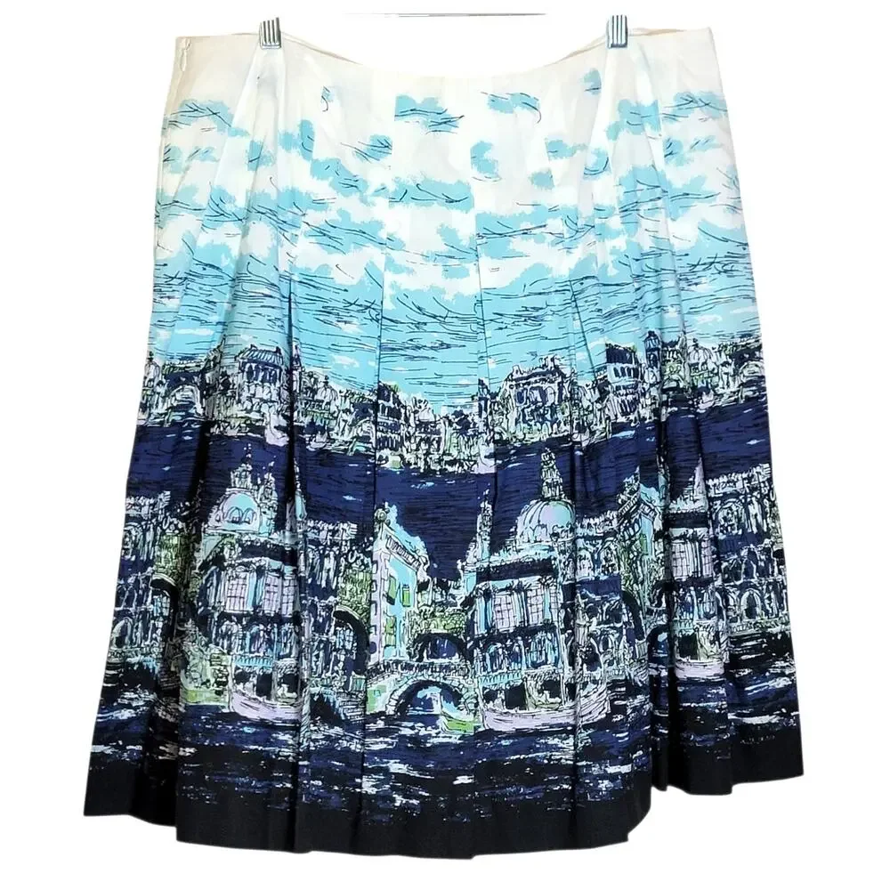 Talbots NWT Pleated Italian Landscape Print Cotton Skirt Blue White 14WP Coastal